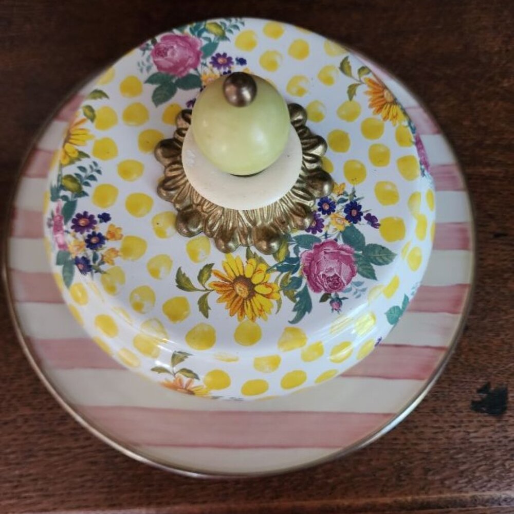 MACKENZIE-CHILDS BUTTER CUP DOMED BUTTER DISH WITH ROSY CHECK PLATE - Picture 1 of 5